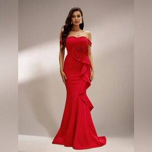 Stunning Miss Ord Red 3D Rose Mermaid Evening Gown, Size M